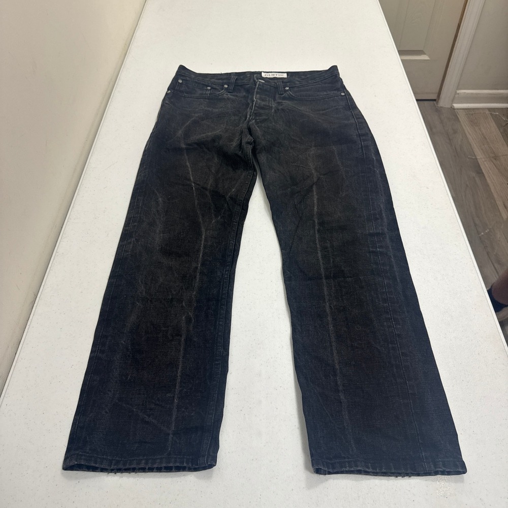 Gustin Straight Fit Raw Denim Jeans Mens 33 Black Made in USA Button Fly